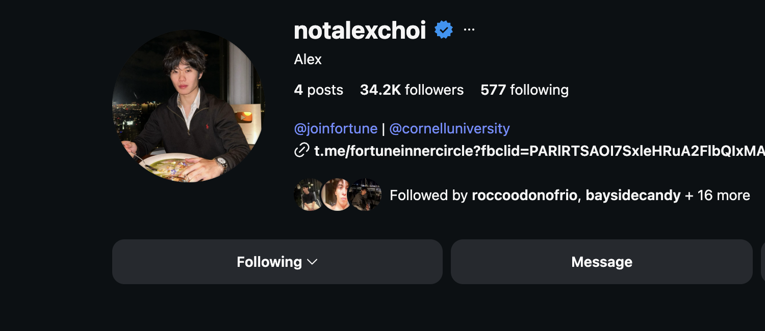 Alex Choi Instagram profile showing 34.2K followers.