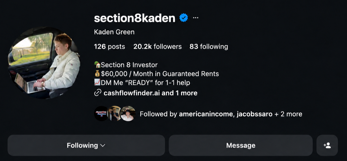 Section8Kaden Instagram profile showing Kaden Green and 20.2K followers.